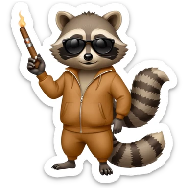 friendly anthropomorphised raccoon in a Sopranos-style mafia tracksuit, wearing dark sunglasses, holding a cigar, confident pose sticker