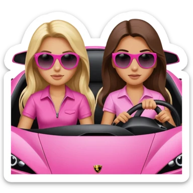 Add sunglasses Make car far away so I can see full car Car facing forward in sports car. Make hair long  two girls in car far away Front of car sitting in the seats. Make it a pink sports car. They are two baddies make it a Lamborghini pink car  sticker