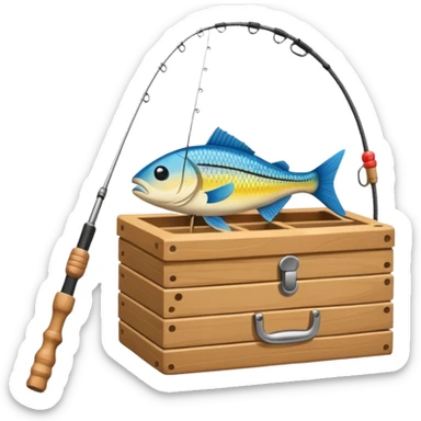 A fishing rod with reel and line neatly coiled beside a bait box. sticker