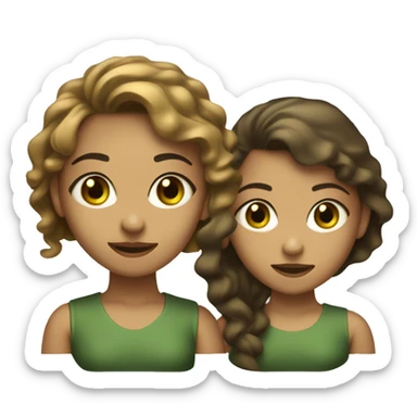 two headed girls (joint by the head) One  with light olive skin, with short golden brown hair and green eyes. The other on the right darker brown hair nearly black with wavy hair and bown hazel eyes with farier olive tanned skin to the girl on thelef sticker