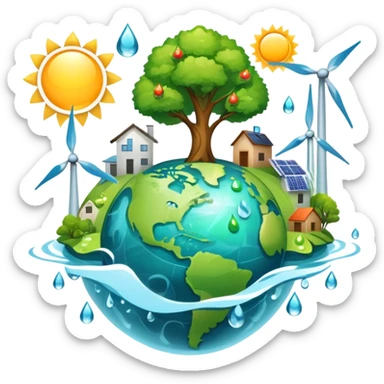 An icon featuring a green Earth, a tree, recycling symbols, and renewable energy sources like wind turbines, solar panels, and hydropower. The design includes animals, water droplets, and the sun, representing ecology, sustainable energy, and environmental protection. Transparent background. sticker