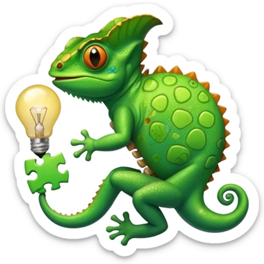 cameleon qui tien une piece de puzzle dans une main et une ampoule dans l'autre et un cerveau sur la langue sticker