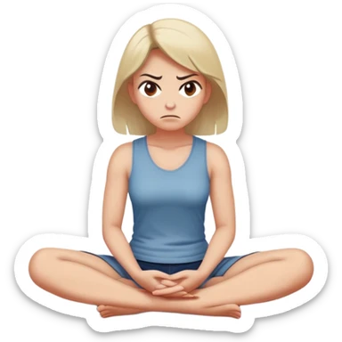 angry woman sitting cross-legged on floor with arms firmly crossed, face turned away, furrowed eyebrows and frowning expression, speech bubble ignored or crossed out nearby, back partially turned to conversation sticker