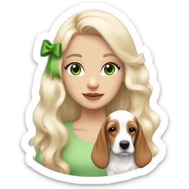 pale blonde girl with long platinum white wavy hair with bright green eyes and wearing a light pink hair bow holding a brown and white basset hound puppy also wearing a hair bow sticker