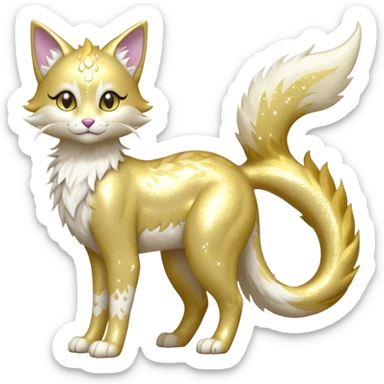 Pastel realistic divine glowing gold-glittery glimmering glooming shiny glossy glittery holy cute elegant beautiful fantasy fae-feline-vernid-sergal-fursona animal creature with a tufted tail full body with intricate markings  sticker