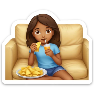 home brown girl with chips and drink, lying at the sofa sticker