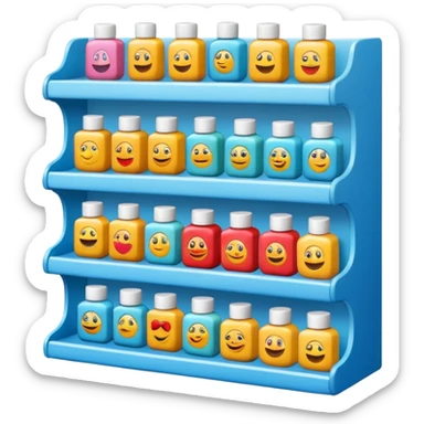 emoji of front view beauty product shelf with last item with brand label sticker