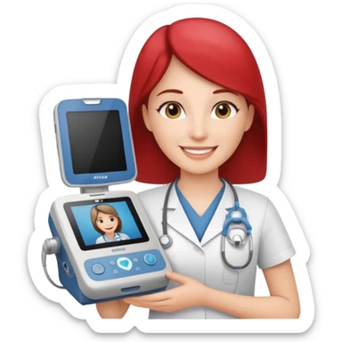 Cardiac sonographer with Philips ultrasound machine sticker