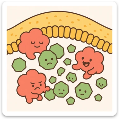 A realistic biological illustration (like in a school book) showing: enzymes (red) breaking down starch (green) near a cell membrane (yellow). Macro photography style. No labels, white background sticker