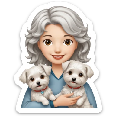 silver, short, wavy-haired with loose curls, smiling pretty lady holding westie dog and lhasa apso dog sticker