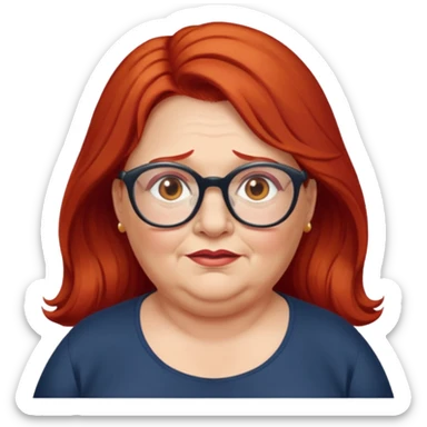 obese; older 50's ; long red hair ; women hazel eyes; glasses sticker