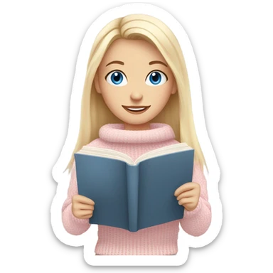 Pretty blue eyed white girl with light pink sweater reading cozy sticker