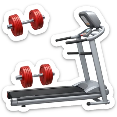 Two heavy dumbbells side by side in front of a treadmill sticker