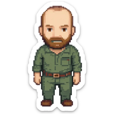 Edit the image to depict a man with less hair, shorter beard, brown hair and beard, in the style of pixel art with transparent background. The style is pixel art style. sticker