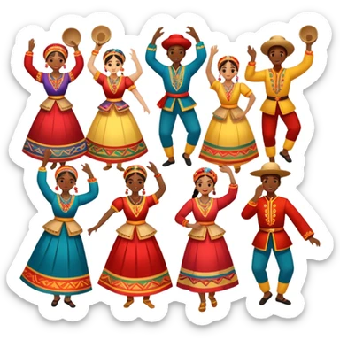 Icon for Folk Dance: a group of men and women 4-5 persons in vibrant national costumes, performing a traditional dance. Some dancers hold castanets and tambourines, capturing the energy and cultural heritage of folk dance. Transparent background. sticker