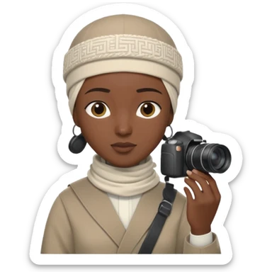Black Muslim photographer, dark skin tone, dressed in a modest modern outfit, kufi cap, holding a DSLR camera (Canon/Nikon), focused expression, outdoor photoshoot setting, clean depth of field, highly realistic, detailed portrait, 4K. sticker