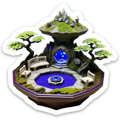  Alien saucer-castle jungle winding trail mountainside getaway haunted nighttime hobbit landscape antique mudman very old broken cracked intricate Stone Age lapis-crusted irregular dodecagon-shaped shallow dark moss rough bark violet flowered maple bonsai Saikei coffee table diorama sticker