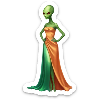 reptilian green alien woman, in long slim pastel orange formal party satin dress with gradient shiny sparkling dark red, full figure, full body sticker