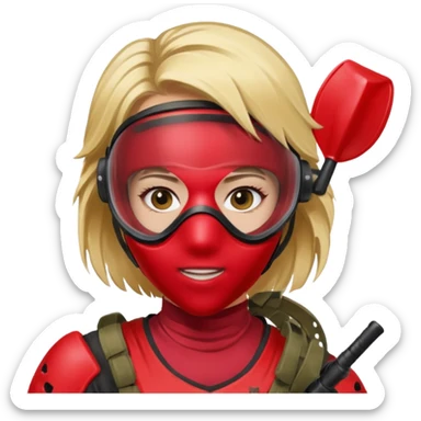 blond girl playing paintball with red paintball face mask sticker