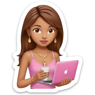 a pretty fair indian bratz girl with brown hair. with a pink cami top, drinking takeaway brown coffee, golden dainty necklace and carrying a white laptop sticker