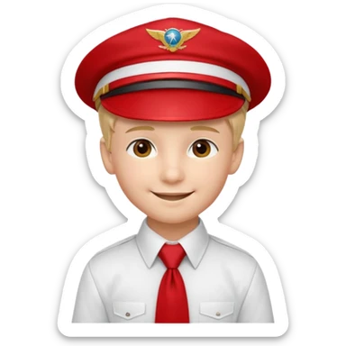 A Soviet pioneer emoji — smiling young boy wearing a white shirt with a bright red pioneer necktie and a classic red pilotka cap. not a cowboy hat. Flat, smooth 3D shading sticker