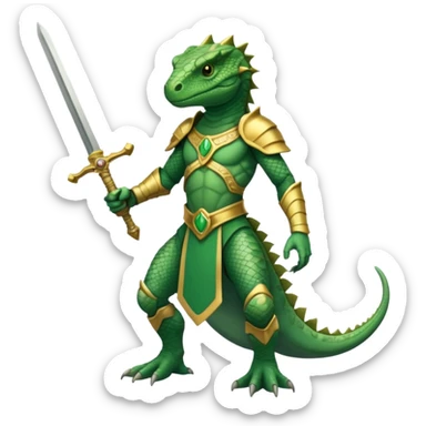 full body reptilian humanoid in ancient outfit holding a gold sword simple design sticker