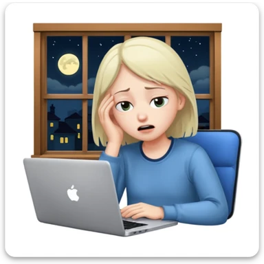 tired student with laptop, window at night behind, one eye open sticker