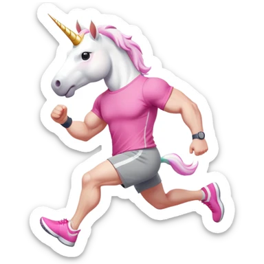 friendly anthropomorphised male white unicorn with a fit, chunky, muscular and strong physique, arms and legs matching the white of the head, in grey shorts and pink t-shirt, wearing dark sunglasses, jogging upright in a relaxed pose sticker