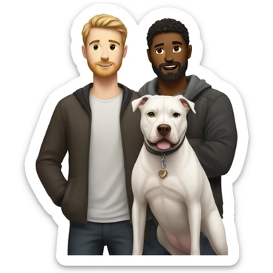 white male with dark brown hair and a lightly scruffy beard standing alongside a white pitbull sticker