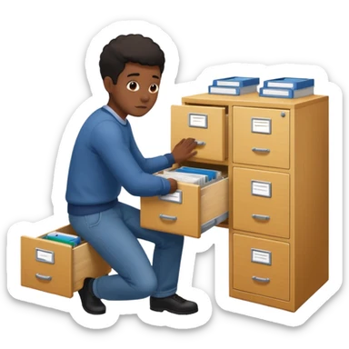 A black person opening a filing cabinet to search for file sticker