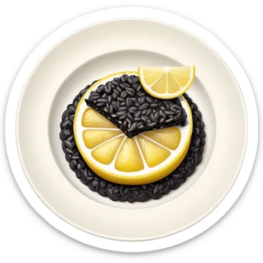 cinematic-realistic-black-risotto-dish,-showcasing-dramatic-lighting in a white plate with a single slice of grilled lemon on top sticker