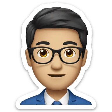 Asian boy with fair skin, short black 2:8 hair, wearing a blue suit and black glasses sticker