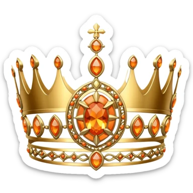gold tiara with orange stones and a crusader emblem sticker