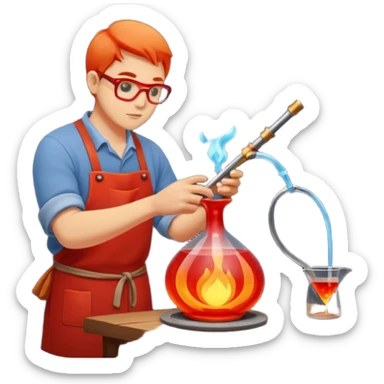 Glassblowing and casting icon, artisan shaping molten glass with a blowpipe, glass being poured into a mold, glowing red-hot glass, delicate patterns, minimalistic style, clean lines, transparent background. sticker