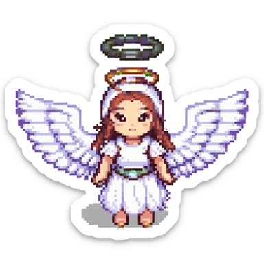 white angel girl, pixel art style, small wings, simple halo, cute expression sticker