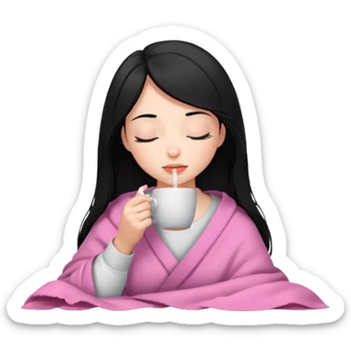 black haired girl inside a pink blanket sipping coffee with eyes closed and lashes sticker