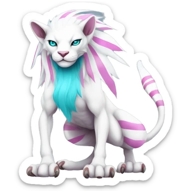 White elegant beautiful natural cute badass epic anthro modern albino vernid-Fakémon with cyan mane and magenta eyes with cyan edgy stripes, full body sticker
