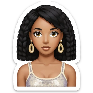 Kelly Rowland with black hair, ivory sequin crop top, ivory earring sticker