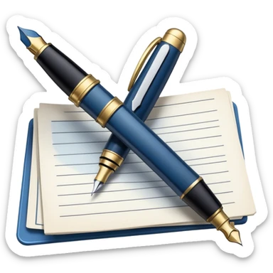 Create an emoji representing journalism and publicistic writing. The design should feature an open newspaper or a stack of articles with visible text columns, symbolizing opinion pieces and analysis. A classic fountain pen or ballpoint pen should be placed near the papers, indicating the act of writing. Optionally, include a small microphone or a press badge to emphasize investigative and journalistic aspects. Use neutral and professional colors like black, white, and muted blue or red. Do not include any emojis or smiley faces. Make the background transparent. sticker