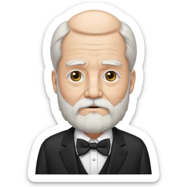 um sábio bem velho, cego de um olho, com barbas brancas e longas, usando um terno com gravata borboleta sticker