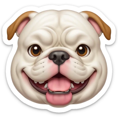 Cinematic Comical White English Bulldog Portrait Emoji, Head tilted dramatically with an exaggeratedly amused expression, featuring a striking pure white coat with a subtle sheen, wide, expressive brown eyes filled with playful disbelief, Simplified yet hilariously expressive features, highly detailed, glowing with a slightly sassy glow, high shine, dramatic yet playful, stylized with an air of cheeky defiance, bright and endearing, soft glowing outline, capturing the essence of a spirited and over-the-top guardian, so meme-worthy it feels like it could side-eye its way into internet fame instantly! sticker