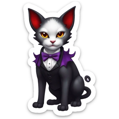 Cute-Evil-Vampiric-Batty-Cat-Black-Purple-Red-Yellow-Contrast-Colors-Fantasy-Fur-Sona-Chibi-Shiny-Fakémon-Hybrid with horns and big fangs neck bow white tie leg spats full body sticker