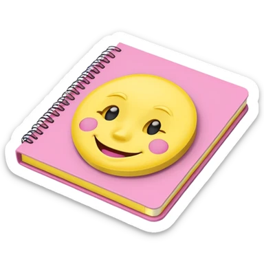 libreta de anillos rosada en perspectiva isometrica con sticker de carita feliz amarilla, sin rubor rosa, con aspecto de emoji de apple sticker