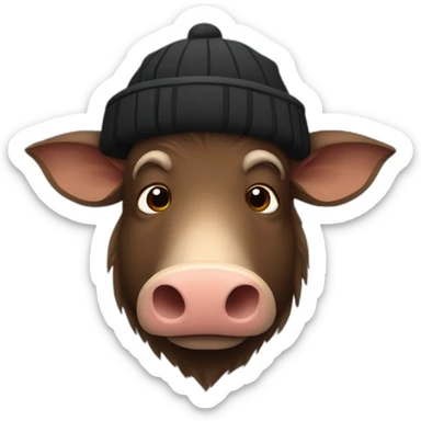 fullface sad brown boar with tusks in black winter hat sticker