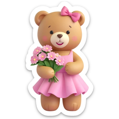 A cute teddy bear with a pink bow on its head, holding a bouquet of white flowers, in a 3D iOS Disney style, with a soft pink background and hearts floating around, wearing a pink dress, a big smile, and a cute blush on its cheeks. sticker
