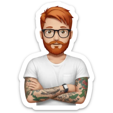 Svelte looking redhead man with sleeve tattoos and a beard and rayban glasses, 38 years old but younger looking sticker
