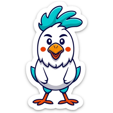A goofy tropical rooster with teal blue feathers, big bulging eyes, tall red comb, skinny legs, comical expression sticker