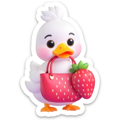 chibi white duck with a strawberry-shaped shoulder bag, pastel 3D style, big shiny eyes, soft lighting, kawaii aesthetic sticker