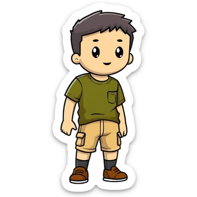 boy wearing an olive-green shirt over a brown T-shirt with beige cargo shorts sticker