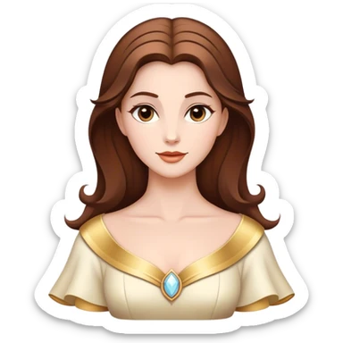 Cinematic Majestic Belle Portrait Emoji, rendered in a clean, vector-style with bold, simplified shapes. Show Belle with a serene, noble expression, fair skin and gracefully styled brown hair, her classic attire refined and understated. The design radiates a majestic, enchanting glow with high shine and a soft glowing outline, embodying royal elegance. sticker